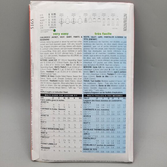 Butterick 5165 Kids Sewing Pattern Jacket Vest Skirt Pants & Headband Size 2-4 - Picture 3 of 4